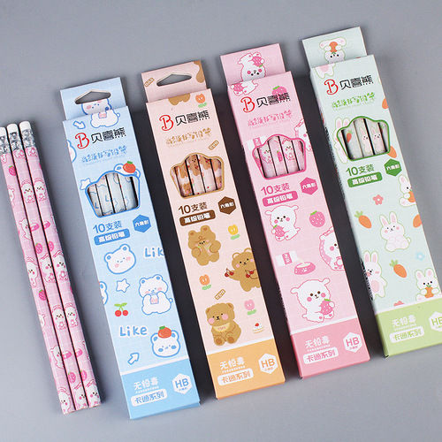 Cartoon boxed pencils, 10 pieces, student writing HB pencils with eraser, holiday prize gift wholesale pencils