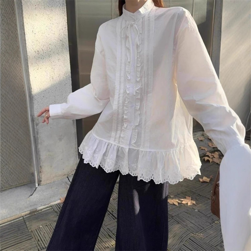 Lace Babydoll White Shirt 2025 Spring New Korean Style Loose Mid-Length Long-Sleeved Shirt Women's Chic Trend Lace Babydoll White Shirt 2025 Spring New Korean Style Loose Mid-Length Long-Sleeved Shirt Women's Chic Trend