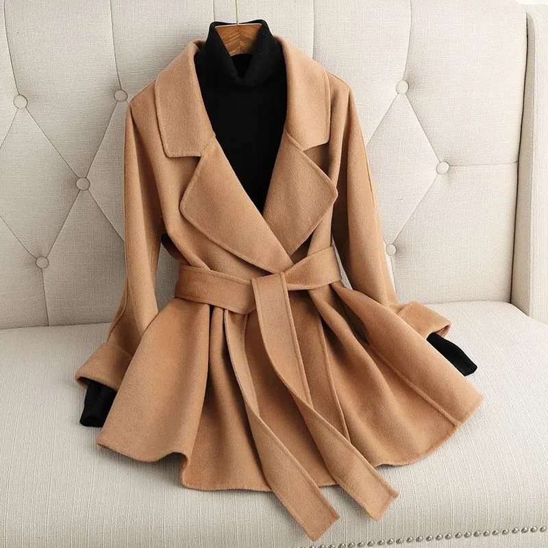 Double-sided woolen coat female autumn and winter 2023 new small camel lace up shoulder sleeve loose coat