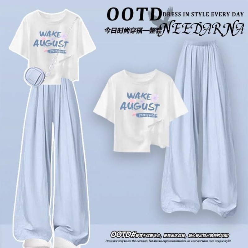 女学生时尚套装2025新款小清新爆款短袖T恤休闲洋气山本裤两件套