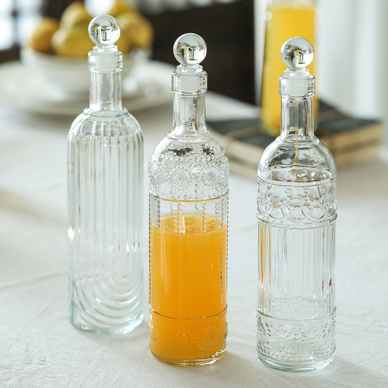 复古浮雕500ml透明玻璃饮料瓶果汁牛奶空瓶油瓶料酒酱油醋瓶批发