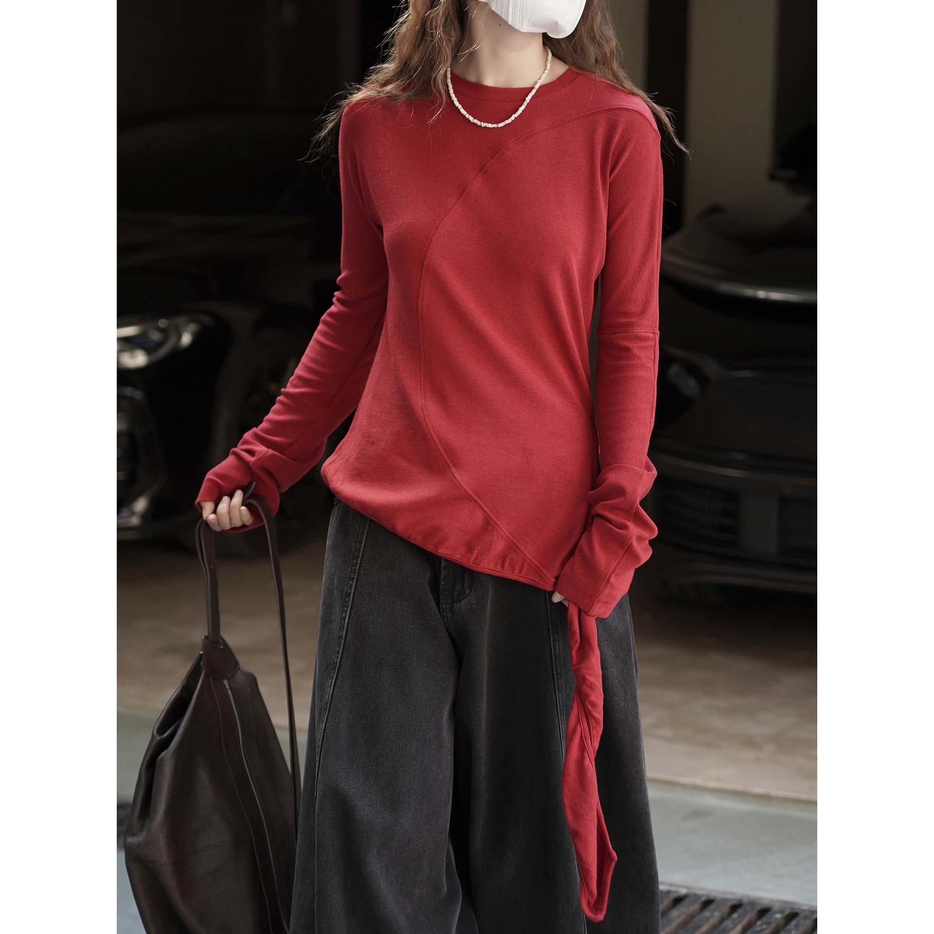 Louvre Winter New Korean Style Fashionable Design Asymmetric Curved Strap Knitwear Slim Fit Skin-Friendly Top for Women