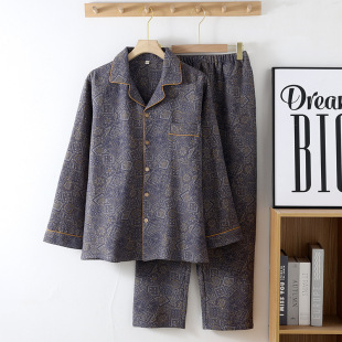 New yarn-dyed cotton double-layer gauze men's pajamas spring and autumn thin long-sleeved loose outerwear home clothes wholesale