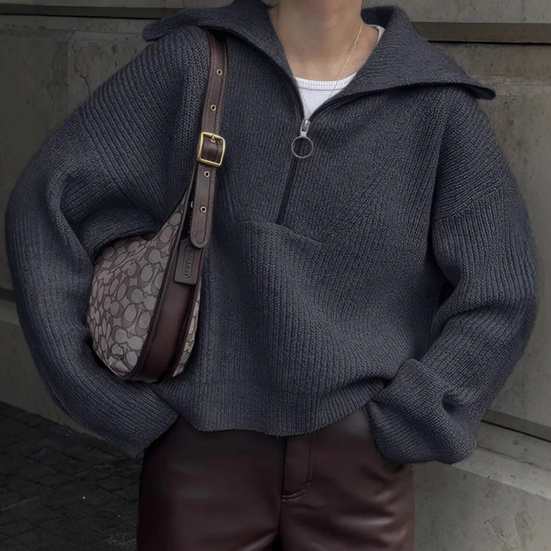 2025 Cross-Border Amazon Autumn and Winter New Commuter Loose Lapel Zipper Pullover Pure Color Casual Women's Sweater 2025 Cross-Border Amazon Autumn and Winter New Commuter Loose Lapel Zipper Pullover Pure Color Casual Women's Sweater