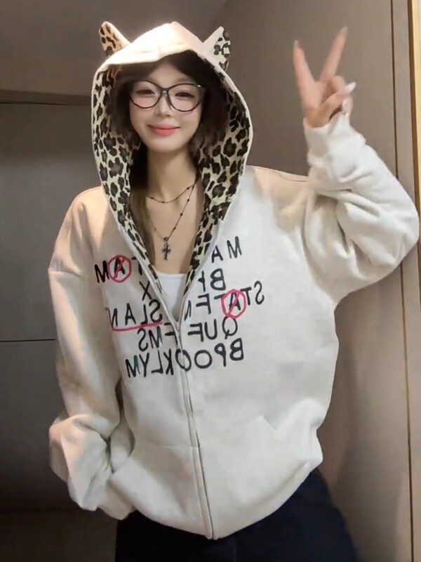 美式复古豹纹耳朵拼接连帽卫衣男女2025宽松设计感小众开衫外套秋|undefined