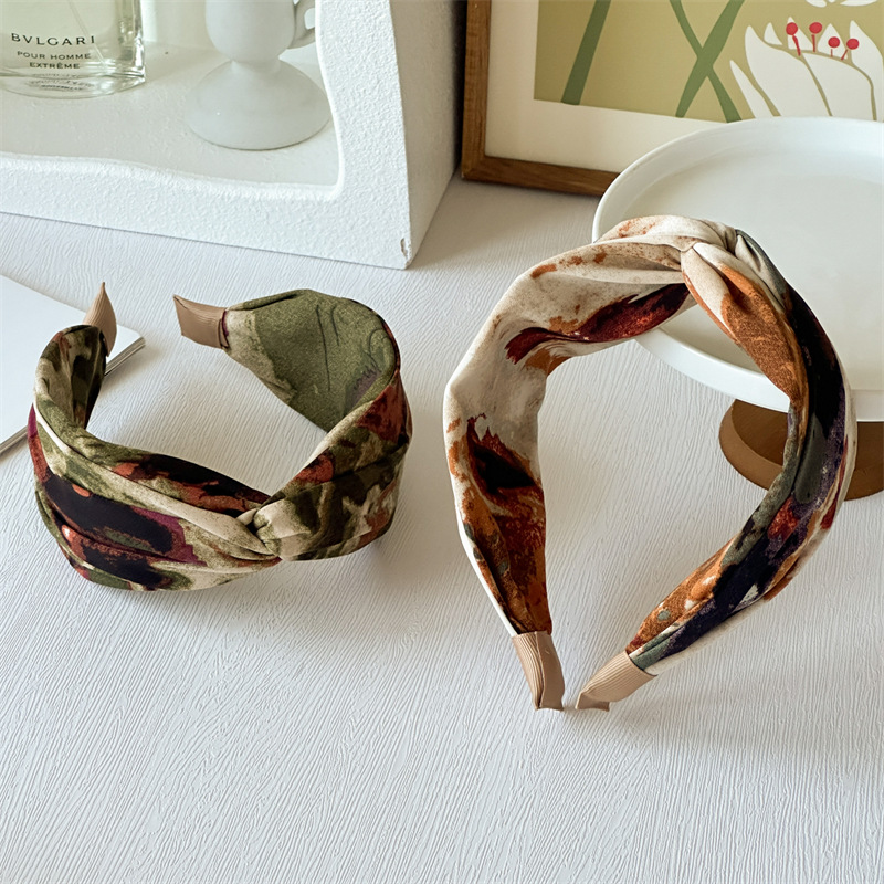 309g Weight Hair Band Hair Accessories Type 1 Piece Quantity Holiday, Daily Occasion Color Block Pattern Women's Gender Printing Design Simple Style, Classic Style Style New Printed Headband Tie-Dyed Vintage Oil Painting High Skull Top Cross Wide Version High Sense Headband Female Is Summer Updo 8