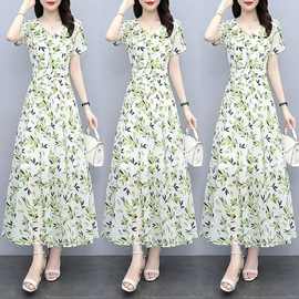 夏装新款中长款过膝大摆碎花时尚连衣裙女收腰显瘦大码长裙沙滩裙