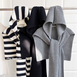 Heavy Wool Design Sense Fashionable Knitted Hooded Shawl Korean Style Women's Autumn and Winter Warm All-match Exterior Ware Stripe