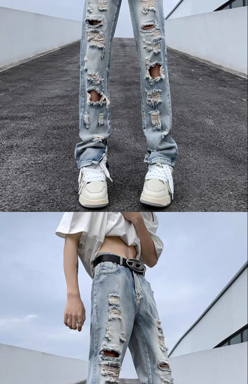 boy Style Vibe Trendy Brand European And American Ins High Street Ripped Jeans Men's Zipper Split Beggar Pants_viptrois.com