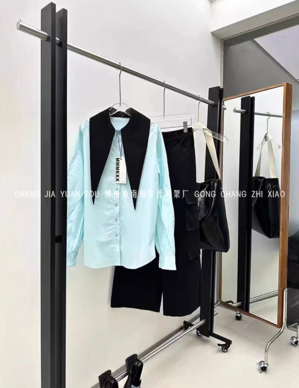 服装店展示架黑色落地式轮子架女装专用不锈钢中岛架侧挂陈列衣架|undefined