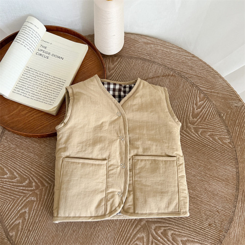 0-5 years old children's vest Korean children's clothing baby autumn and winter clothing baby quilted vest plaid solid color reversible