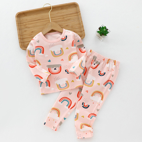 Spring and autumn children's autumn clothes and long-sleeved long-sleeved Lycra suits for middle and large children, round neck splits, home clothes for boys and girls