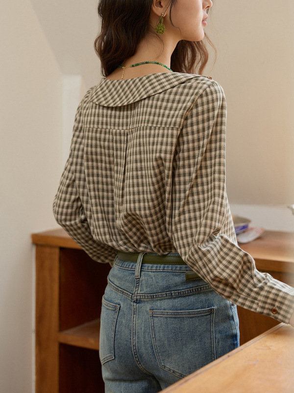 绿格船领衬衫女2025秋季新款女斜插袋撞色纽扣收腰显瘦衬衣上衣女|undefined