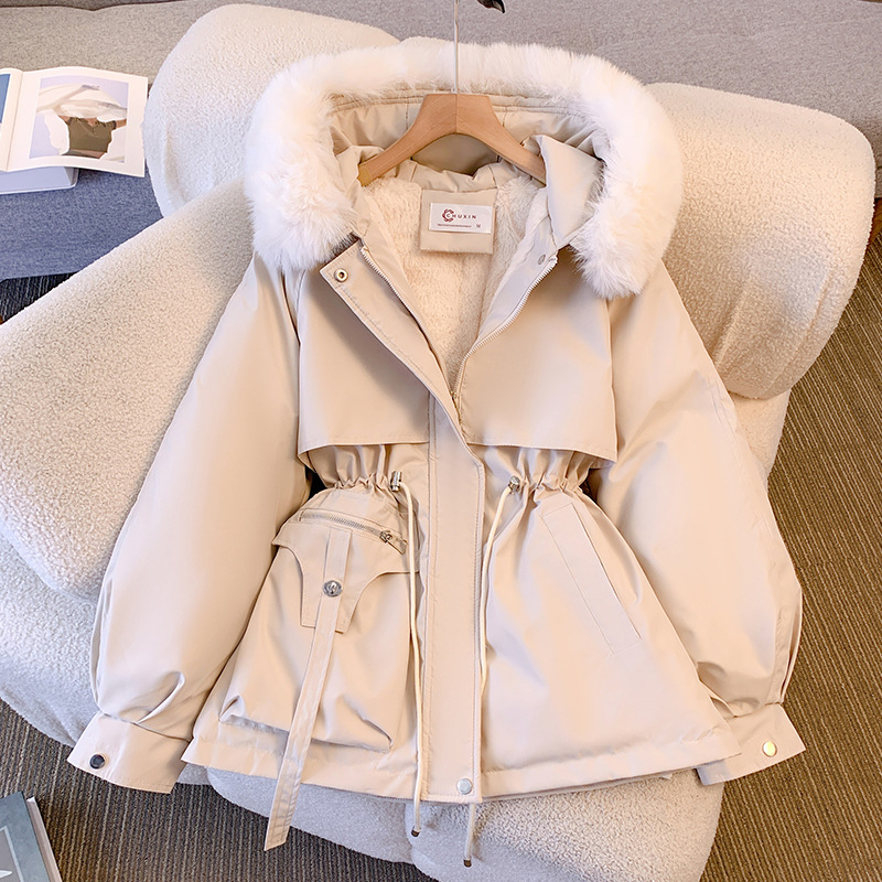 Forrado de lana gruesa Chaqueta de algodón acolchado de las mujeres de invierno cintura apretada cuello de piel grande ropa de trabajo chaqueta acolchada de algodón chaqueta caliente pequeña ropa de parka de estilo occidental image 3