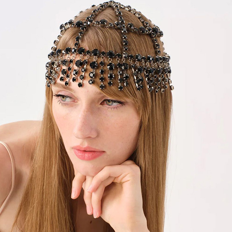 European and American New Style Tassel Mesh Hair Chain with Rhinestone Design, Hair Accessory for Stage Performance