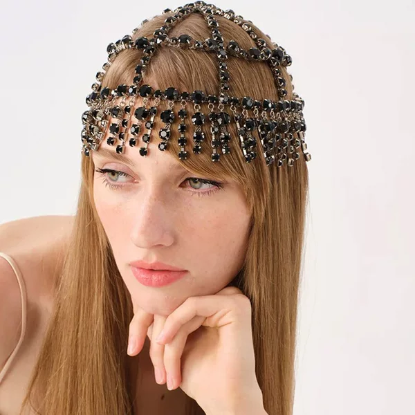 European and American New Style Tassel Mesh Hair Chain with Rhinestone Design, Hair Accessory for Stage Performance