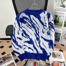 跨境秋冬潮牌街头撞色慵懒风粗毛线针织韩系上衣男加厚百搭毛衣女