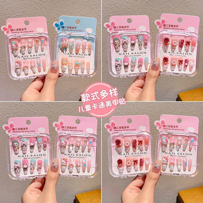 Labubu Nail Art Stickers Cartoon Three-Dimensional Hello Kitty Wearable Nails Girls Sweet and Cute Long Nail Stickers