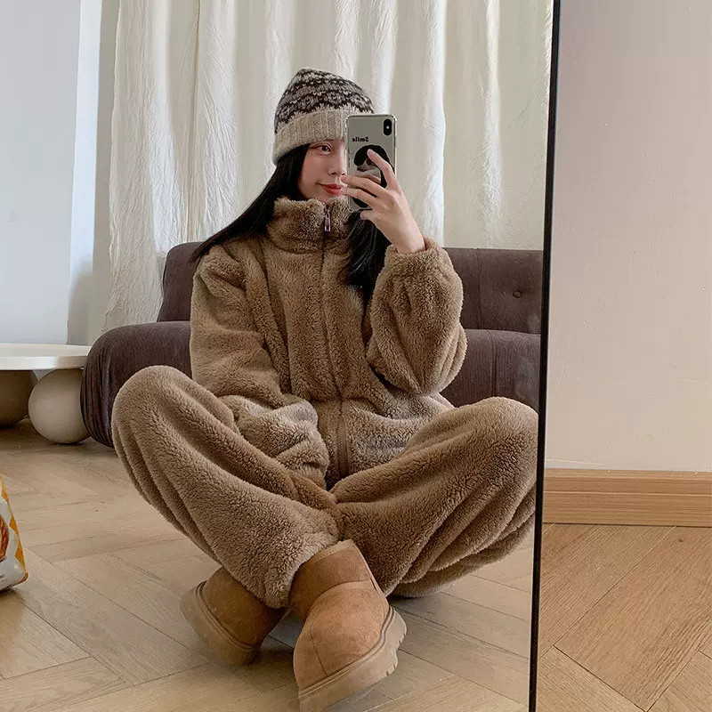 慵懒风立领加绒加厚居家服两件套保暖套装韩版纯色宽松睡衣2025冬