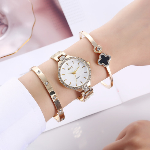 Watch set, creative, exquisite and personalized, simple thin mesh belt, quartz watch + bracelet set 3pcs/set
