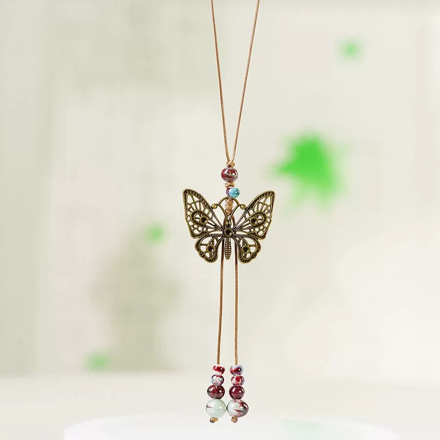 1 Piece Ethnic Style Tassel Butterfly Alloy Mixed Materials Knitting Women's Necklace display picture 2