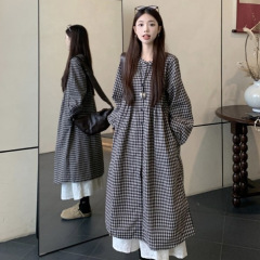 撞色格子圆领长袖连衣裙女款秋季日系复古慵懒风叠穿衬衫裙长裙子