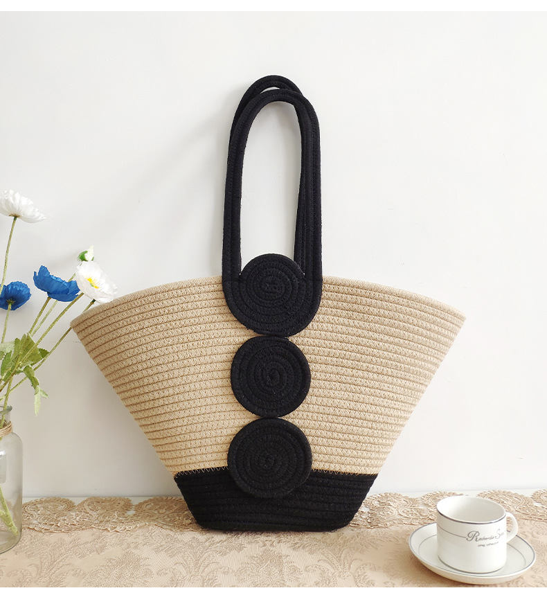 Round Dots Pattern All Seasons Season Women's Gender Elegant, Streetwear Style Women's Large Cotton Round Dots Elegant Streetwear Weave Shell Open Handbag