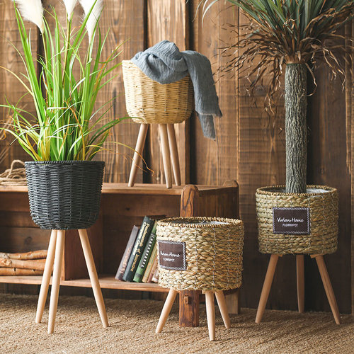 Floor-standing flower stand, straw woven flower basket, rattan woven flower basin, floor decoration, living room balcony, simple pastoral flower vessel