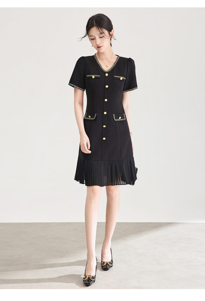 Đầm nữ cổ tròn tay ngắn thắt eo phong cách Chanel — màu đen chi tiết 17