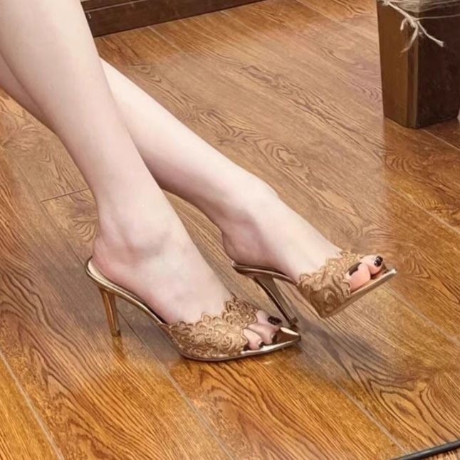French-Style Champagne Lace High-Heeled Slippers for Women, Versatile Stiletto Heels, Niche Pointed-Toe Slip-Ons, 2026 Summer New Model