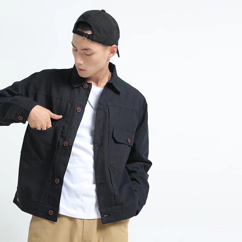 Japonés 2024 primavera y otoño chaqueta de mezclilla retro clásica para hombre chaqueta de tendencia de herramientas de color sólido simple para hombre