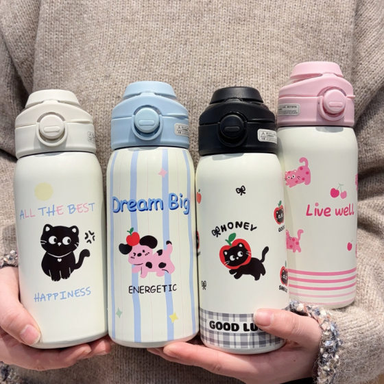 New 316 Stainless Steel Bounce Insulation Water Cup Cartoon Straw Large Capacity Drop-resistant Portable Cup for Children and Students