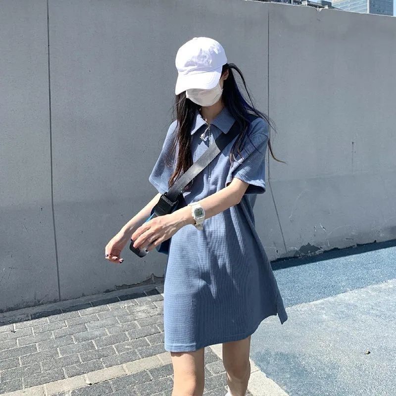 Waffle Polo Collar Straight-Cut Stylish Dress 2026 New Summer Solid Color Simple Youthful Short Dress for Women