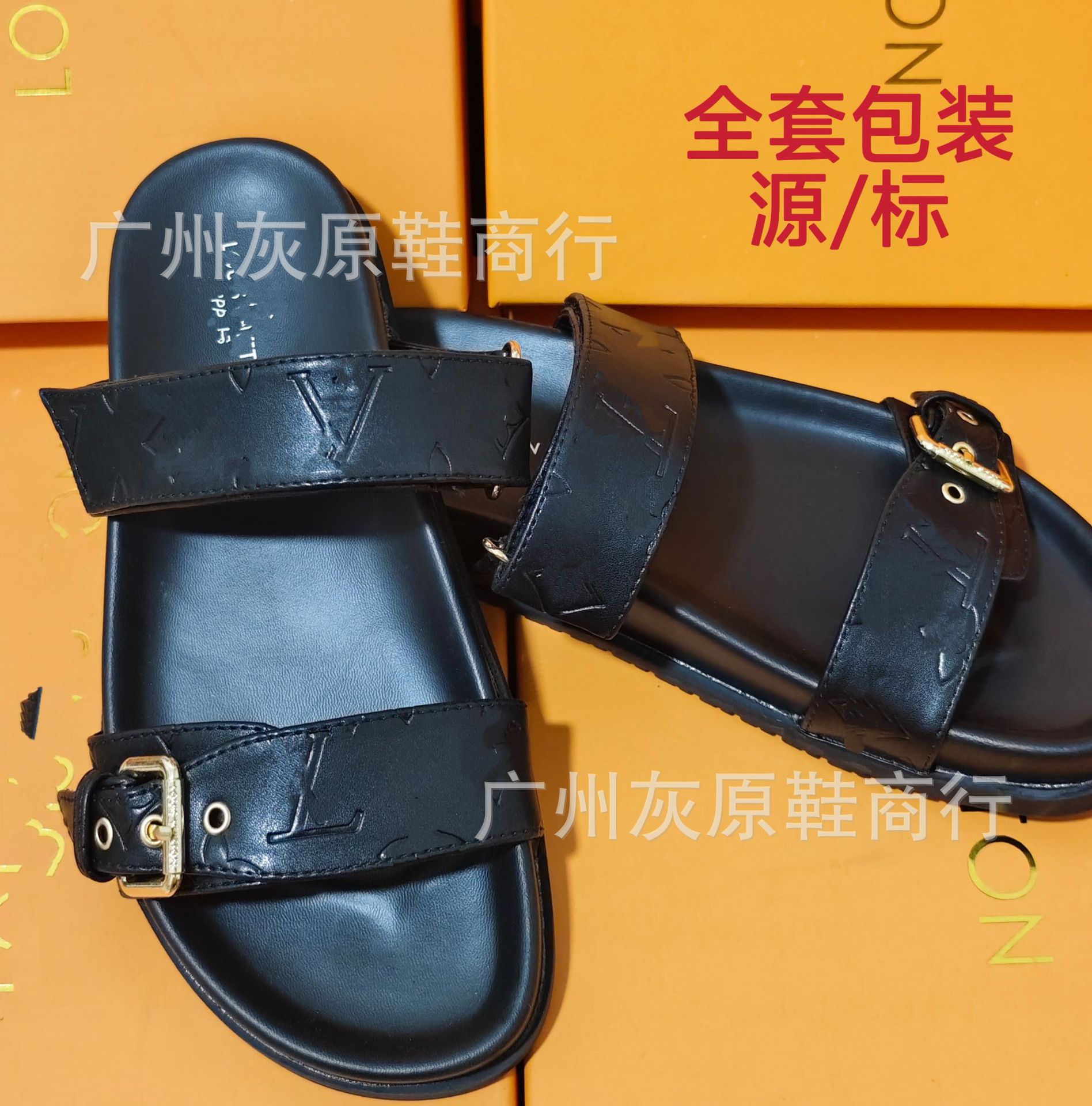 Comercio exterior 24 nuevo estilo Oriente Medio Camboya pantuflas de playa hombres y mujeres ropa exterior fondo plano hebilla de metal letras zapatillas de burro fuente pura