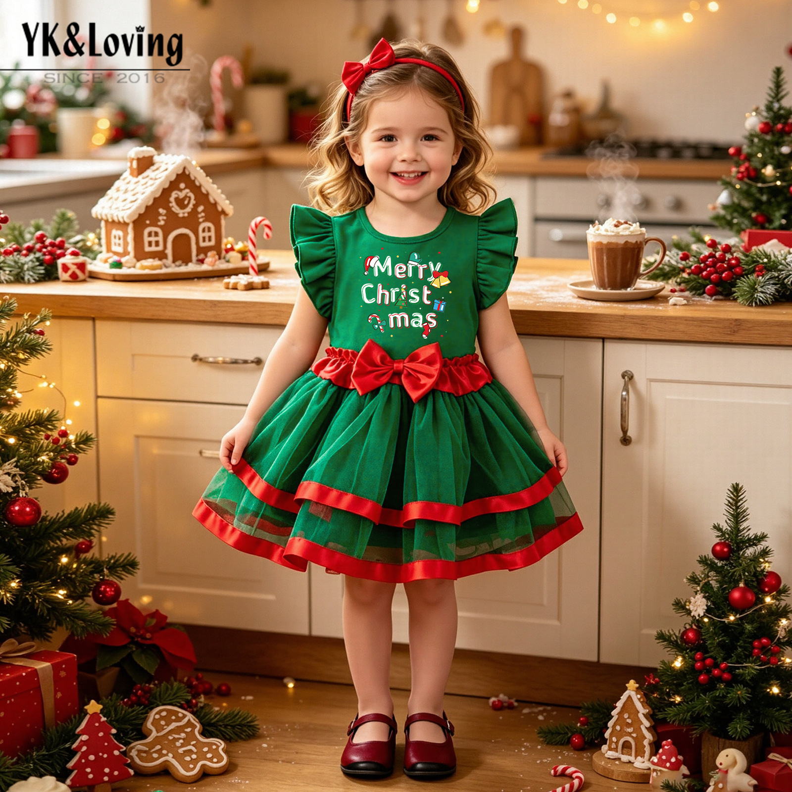 Girls' Christmas Green Flutter Sleeve Dress Children's Holiday Photo Red Trim Mesh Princess Puffy Dress Wholesale
