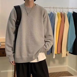 Crewneck Sweater Men's Autumn and Winter Ins High Street All-match fleece-lined Solid Color Sweater Hong Kong-style Casual Sweater Jacket Trendy