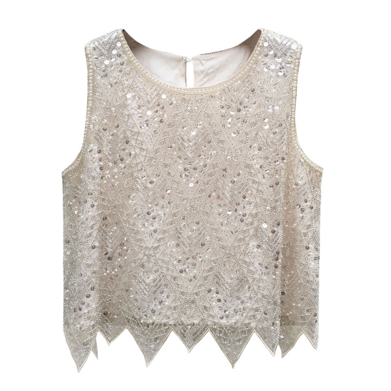 European and American Summer New Style Heavy Beaded Round Neck Versatile Sequin Vest Luxury Fashion Women's Top