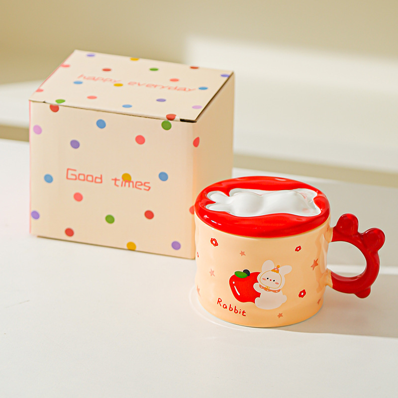 Conejo de dibujos animados con tazas de cerámica con tapa para niñas tazas de marca resistentes a altas temperaturas lindas tazas de agua creativas tazas de oficina pequeñas tazas de regalo