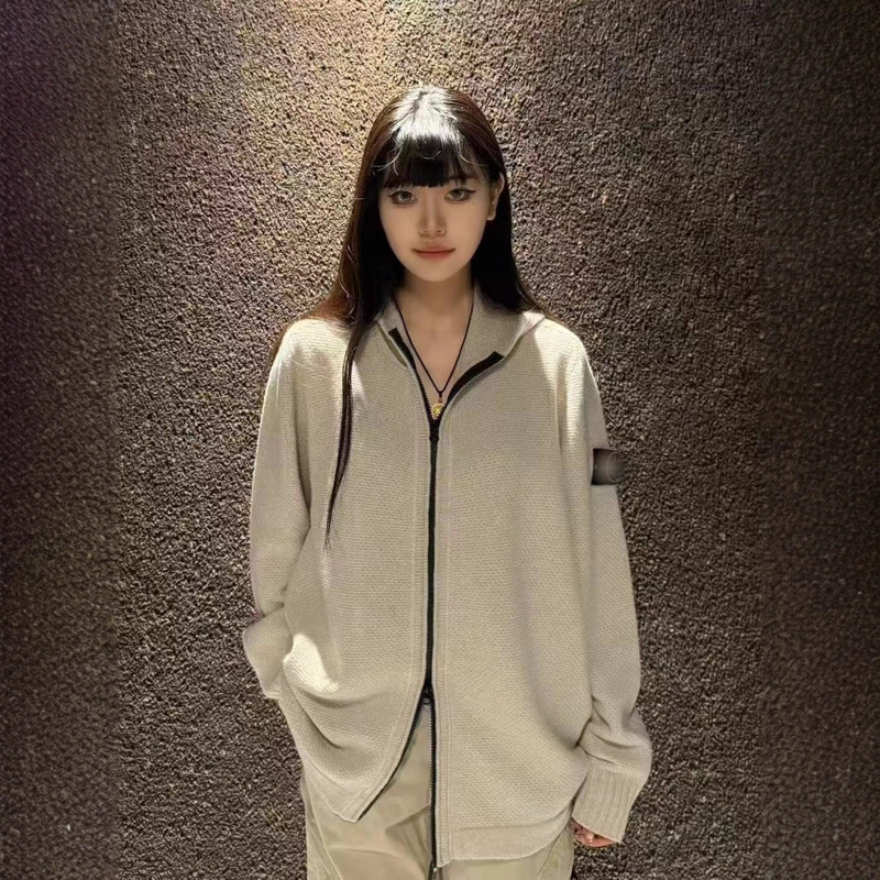 Cross-Border Stone Shidaizhao Zipper Open Chest Hooded Badge Functional Hooded Knitted Sweater for Men and Women Ius Autumn and Winter