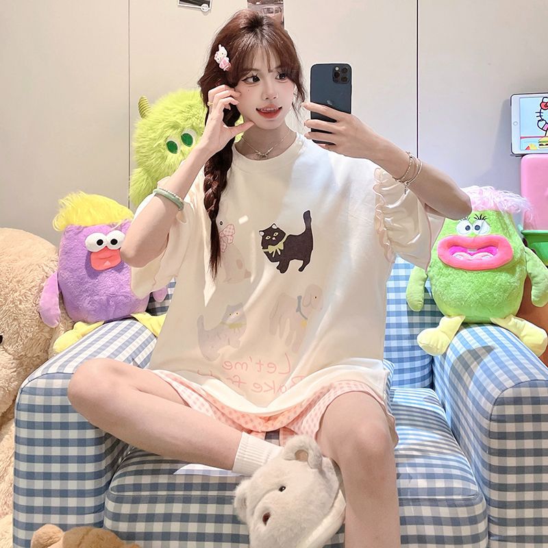 Venta al por mayor transfronteriza nuevos pijamas mujeres verano imitación algodón jersey pantalones cortos de manga corta lindo cachorro traje de servicio a domicilio de dibujos animados