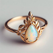 曹适shein新款厂家热销戒指女 水滴形树叶仿澳宝首饰  美拉德指环