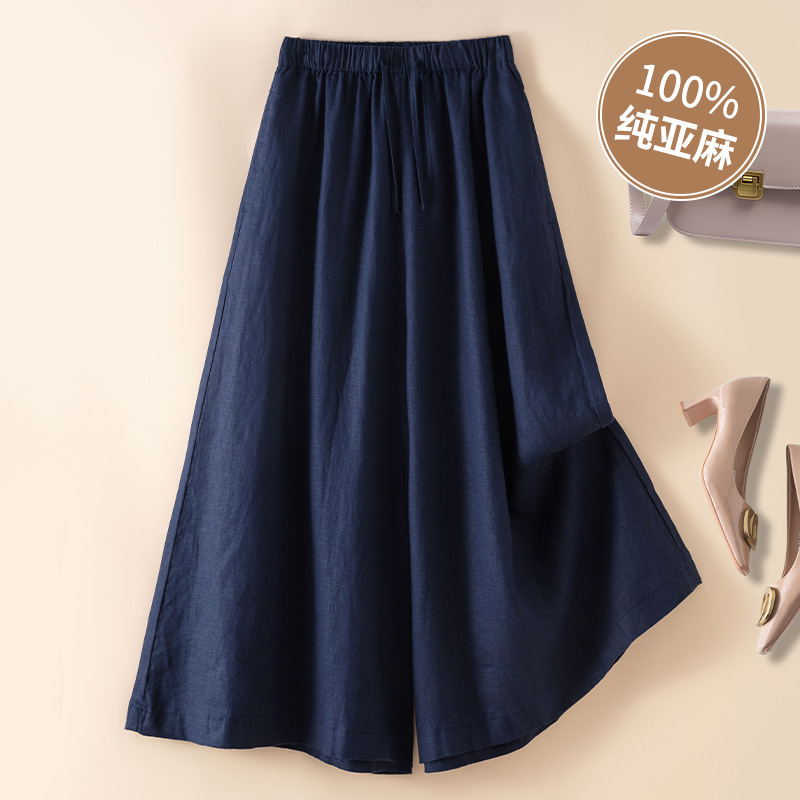 Navy Blue Pure Linen Wide-Leg Pants for Women, Summer 2026, Thin Skirt-Pants, High-End Casual Slimming Cropped Pants