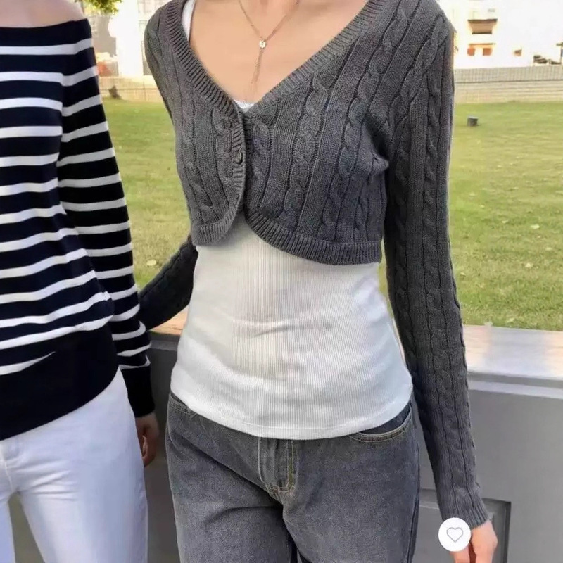 Bm New Style Short Twist-Knit Button Cardigan, Versatile for Autumn and Winter, Slim-Fit Long-Sleeve Base Layer Jacket Top