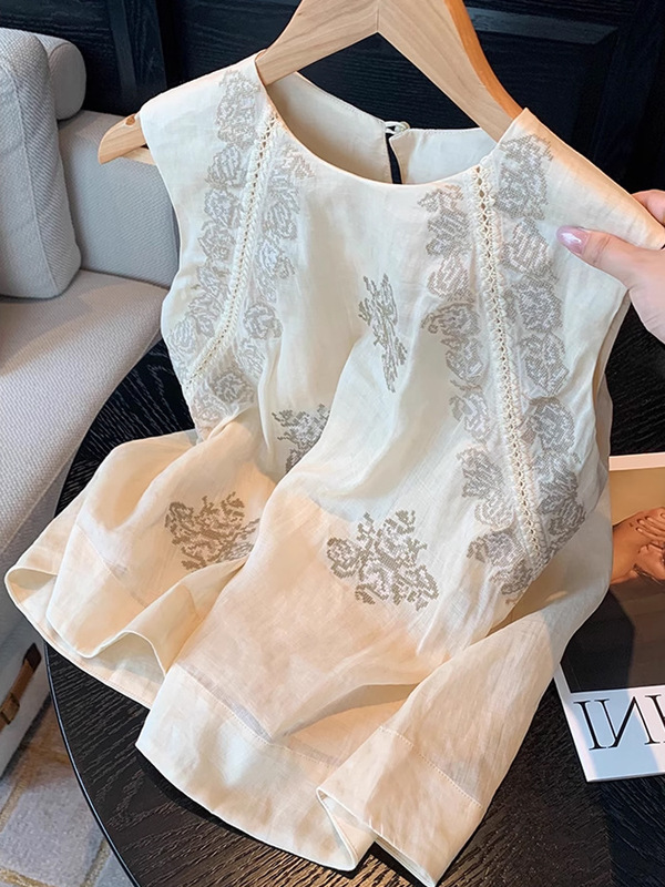 花刺繍リネンノースリーブラウンドネックベスト女性の夏の新しいデザインニッチレトロ怠惰な気質薄いトップ|undefined