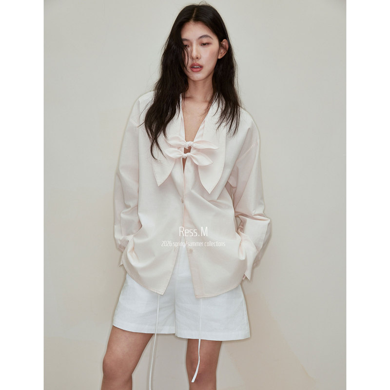 Ress.M Butterfly Knot Shirt 2026 Early Spring New Long Sleeve Design Shirt Women's Top Thirteen Lines