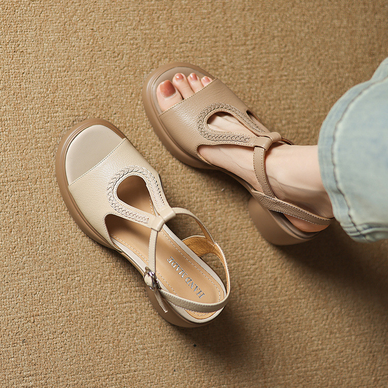 Sandal cao gót nữ phong cách La Mã, gót 8 cm, đế dày, da cừu mềm — Màu trắng be