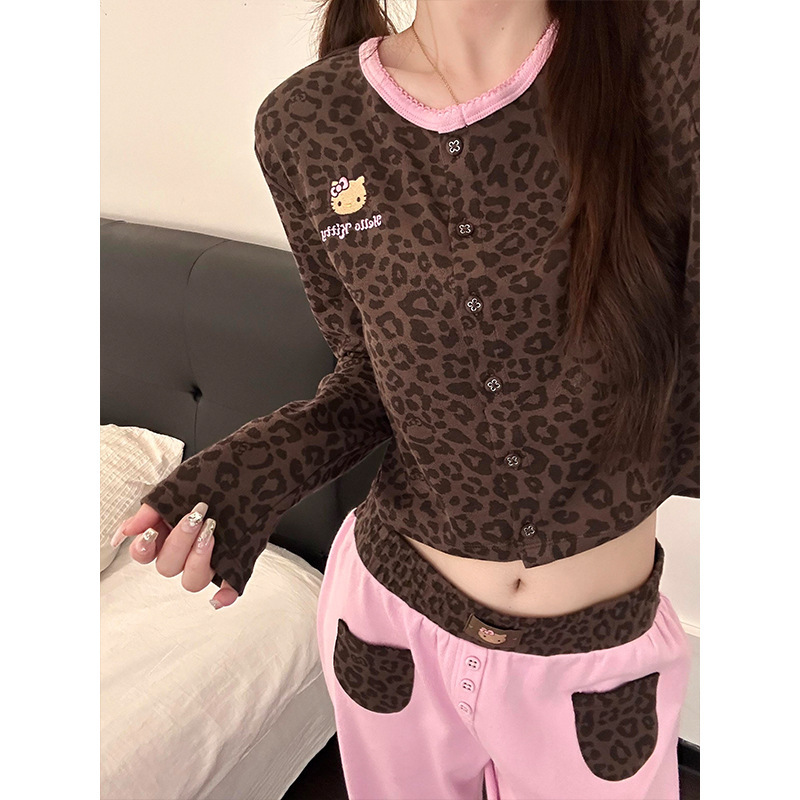 美式辣妹豹纹黑皮Kitty印花睡衣女款2025早秋新款家居服套装外穿|undefined