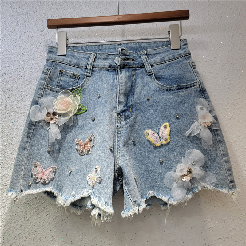 Pantalones Cortos Denim con Bordado para Mujer Corte Pierna Ancha con Cuentas