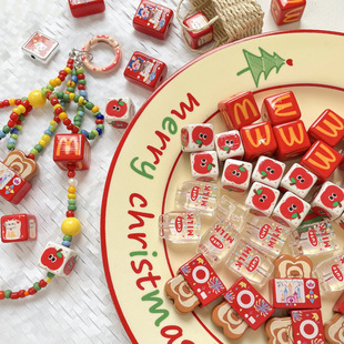 Cube Apple M Mai Men Red Plaid Puppy Bottle Toast Beads DIY Acrylic loose beads Mobile Phone Chain Accessories