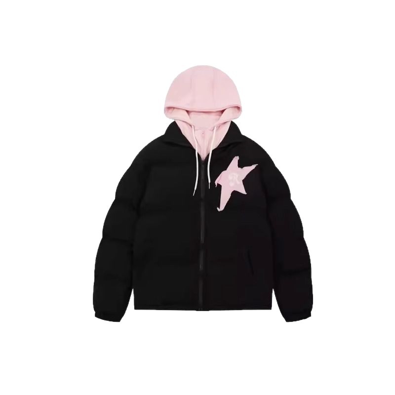 Falso de dos piezas de estilo americano retro estrellas pegado chaqueta de algodón con capuzas de invierno suelta nicho sentido de diseño image 5
